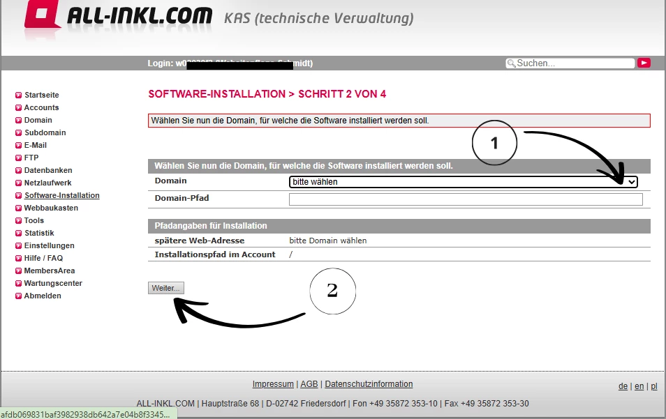 Schritt 2 von 4 der Software-Installation: Auswahl der Domain und des Installationspfads. Das Formular zeigt Felder für die Domainauswahl ('bitte wählen'), den Domain-Pfad, die spätere Web-Adresse und den Installationspfad im Account (Standard: '/'). Der Button 'Weiter' führt zum nächsten Schritt. Dieses Bild zeigt die Domain-Konfiguration während einer Software-Installation – relevant für Nutzer, die eine Website auf eine neue Domain oder Serverumgebung migrieren.
