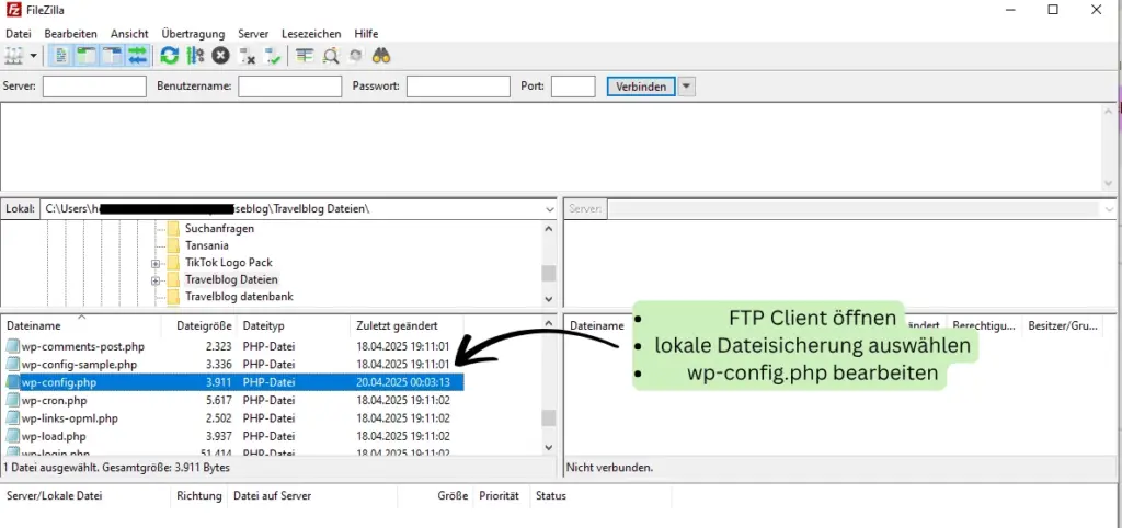 Screenshot des FTP-Clients FileZilla mit ausgewählter Datei 'wp-config.php' im Kontext eines Webseiten-Umzugs. Die Ansicht zeigt lokale und Server-Dateien, Dateitypen, Änderungsdaten und Optionen zur Bearbeitung der WordPress-Konfigurationsdatei.