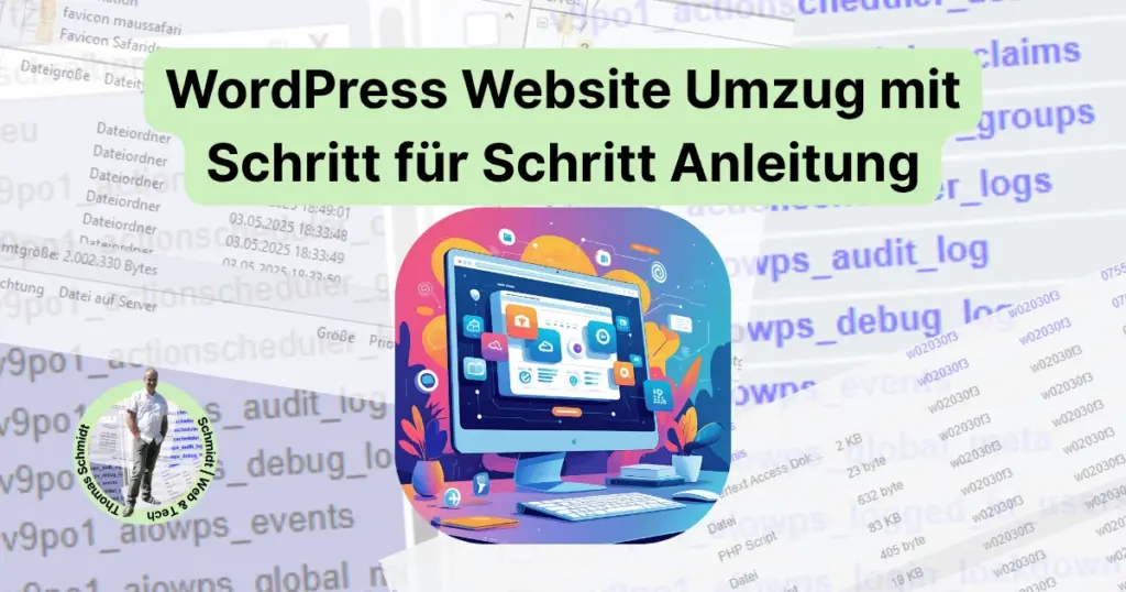 Titelgrafik zum Thema WordPress Website Umzug mit Schritt-für-Schritt-Anleitung. Im Vordergrund ein stilisiertes Computer-Illustrationsbild, im Hintergrund unscharfe Dateilisten und Serverdaten. Unten links ein Logo mit dem Namen ‚Thomas Schmidt – Schmidt Web & Tech‘.