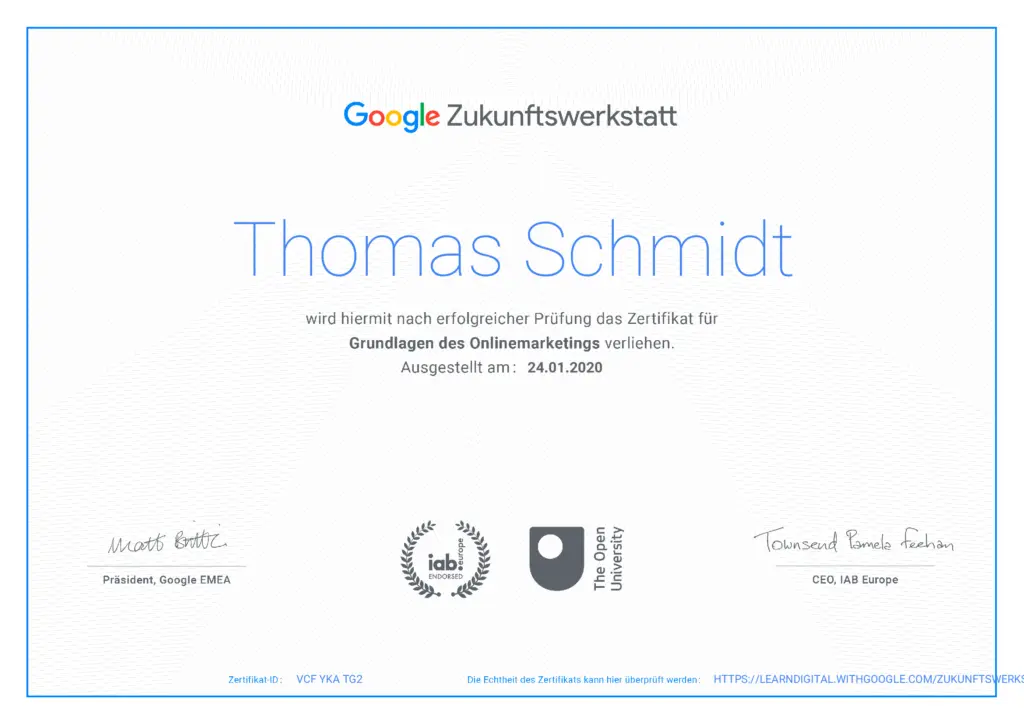Zertifikat Google Zukunftswerkstatt