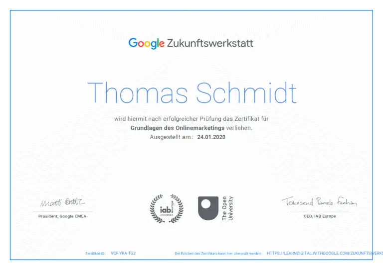 Zertifikat Google Zukunftswerkstatt