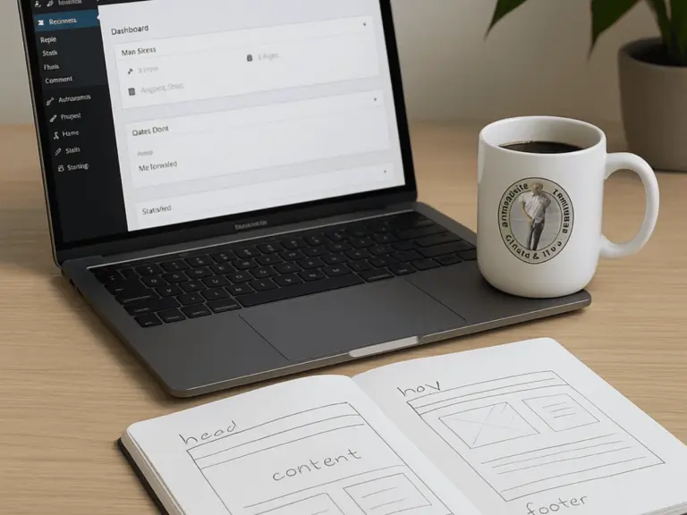 Website erstellen lassen von Schmidt - Web & Tech. Ein Laptop, ein Notizbuch und eine Tasse Kaffee sind auf einem Schreibtisch zu sehen. Auf der Tasse ist das Logo von "Schmidt - Web und Tech" zu sehen.
