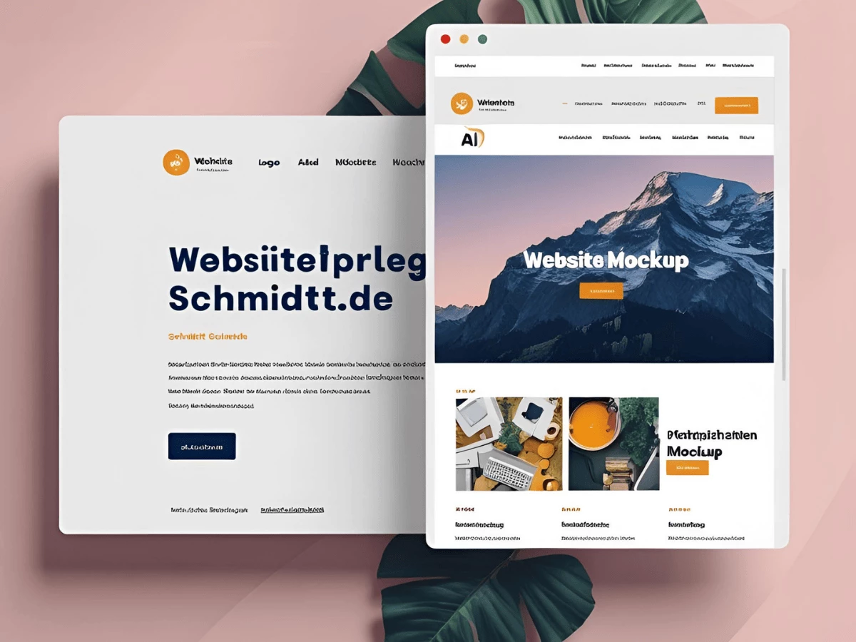 Website erstellen leicht erklärt. Zwei Webseiten-Mockups nebeneinander. Links: 'Webseite|Schmidt.de' in dunkler Schrift, darunter 'Schritt-für-Schritt-Anleitung'. Rechts: 'Website Mockup' mit Bildern von Laptops und Tassen, sowie 'KI-Systeme' in der oberen Ecke.