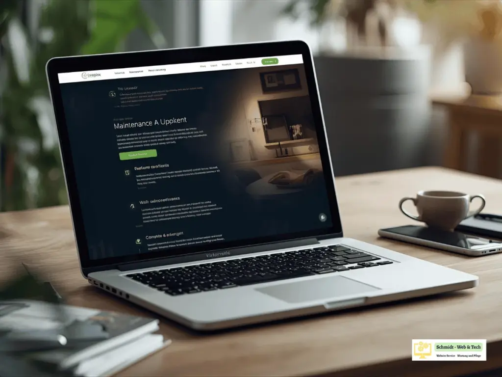 Die ultimative Anleitung zur Website-Pflege und Wartung: So bleibt Ihre Seite immer topfit! 1 Bild Website Pflege und Wartung. Zu sehen ist ein Notebook auf einem Schreibtisch von Websitepflege Schmidt. Es wird eine Webseite aktualisiert.