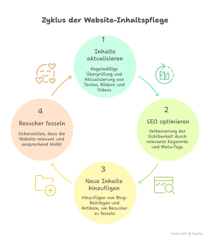 Das Bild beschreibt den Zyklus der Website Inhaltspflege in Bezug auf Website Pflege und Wartung