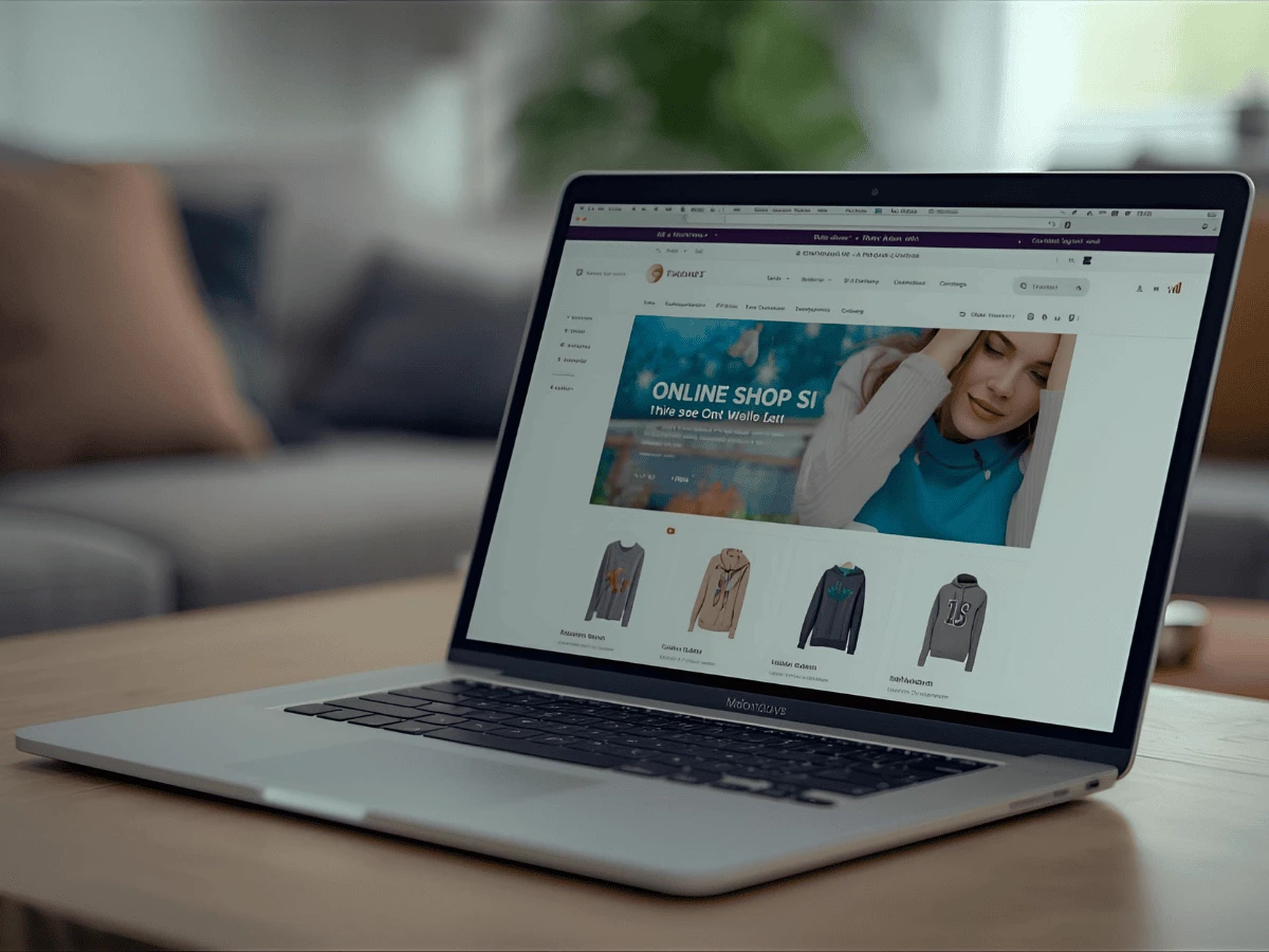 Beitragsbild Fakeshop Finder. Ein offener Laptop auf einem Schreibtisch. Auf dem Bildschirm des Laptops ist die Website eines Onlineshops zu sehen.