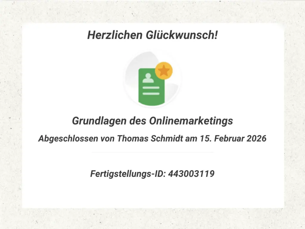 Zertifikat Grundlagen des Onlinemarketings 15.02.2026 ausgestellt für Thomas Schmidt von "Schmidt - Web und Tech" vom Google Skillshop.