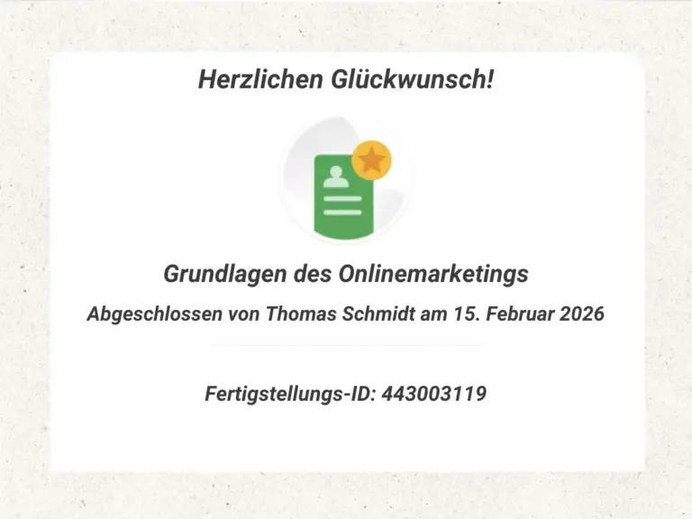 Zertifikat Grundlagen des Onlinemarketings 15.02.2026 ausgestellt f&uuml;r Thomas Schmidt von "Schmidt - Web und Tech" vom Google Skillshop.
